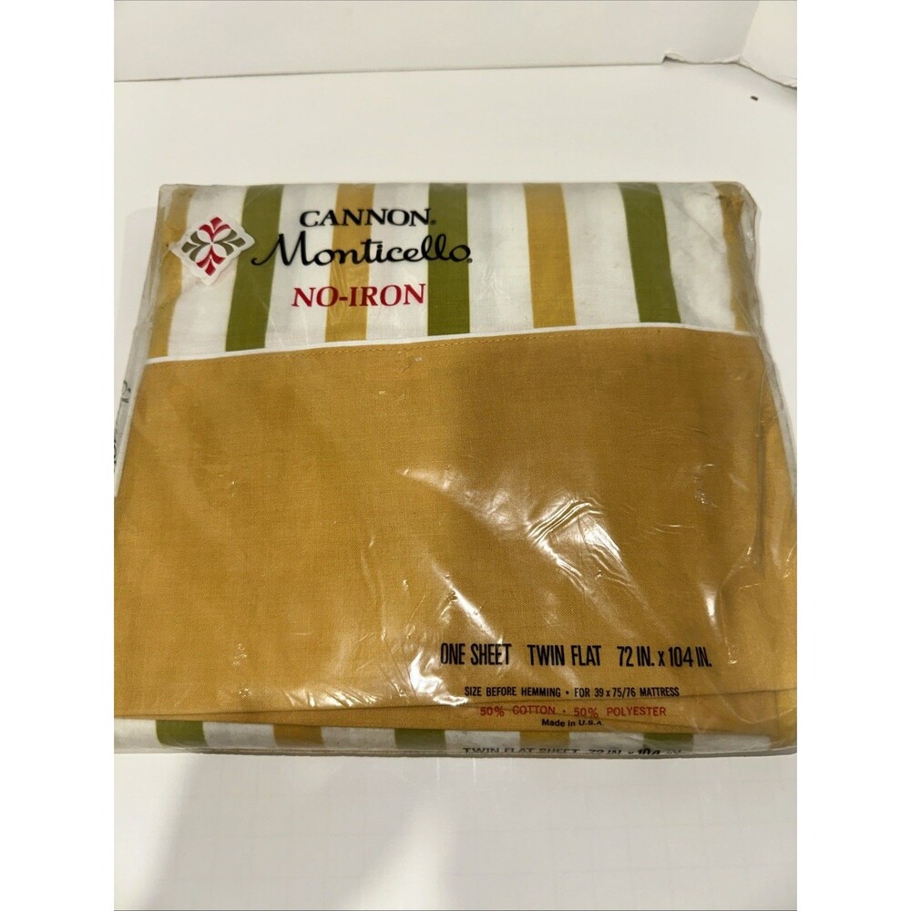 Vtg Cannon Monticello Twin Flat Sheet Green & Yellow Stripes New